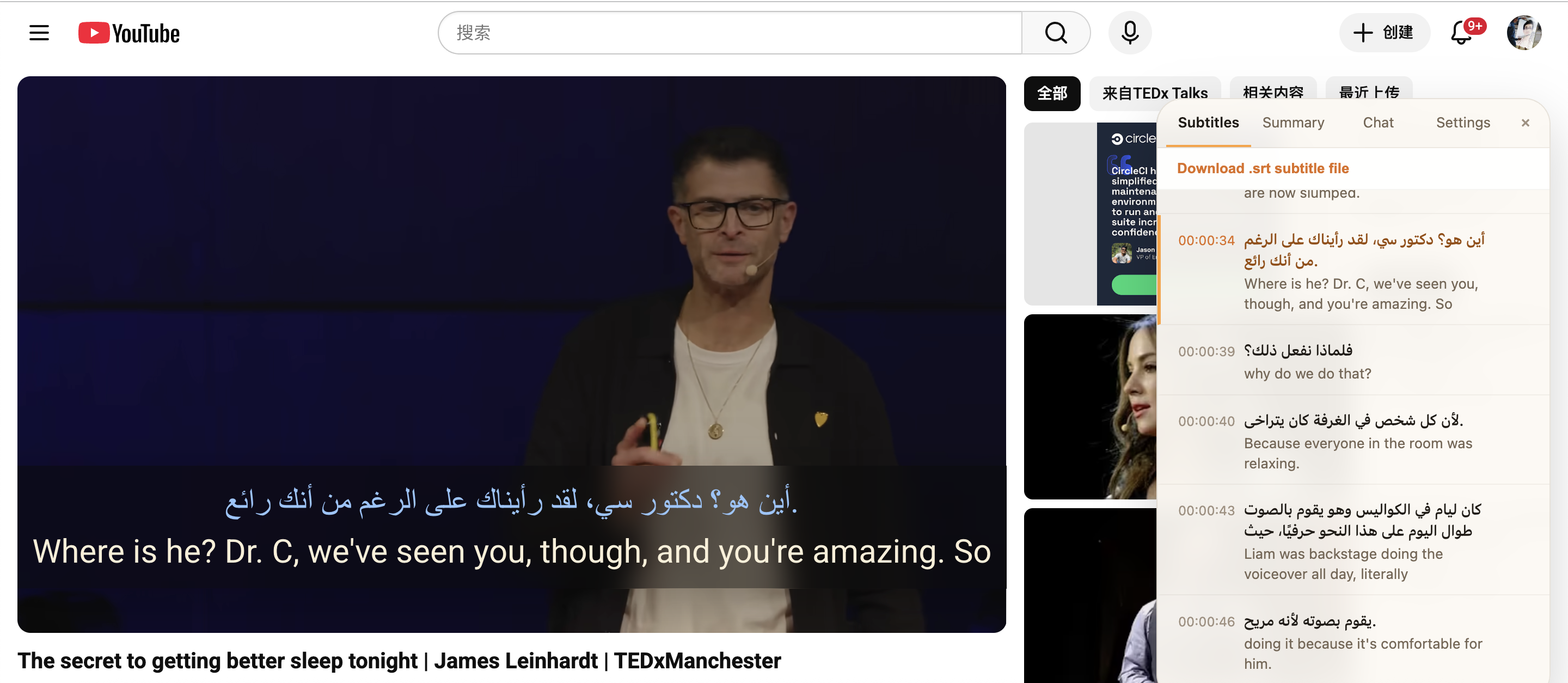 TubeLingo showing a timestamped subtitle panel beside a YouTube video